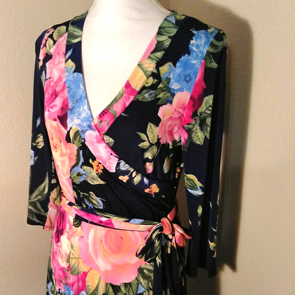 Floral Wrap Midi Dress in Navy with Pink & Blue Blooms